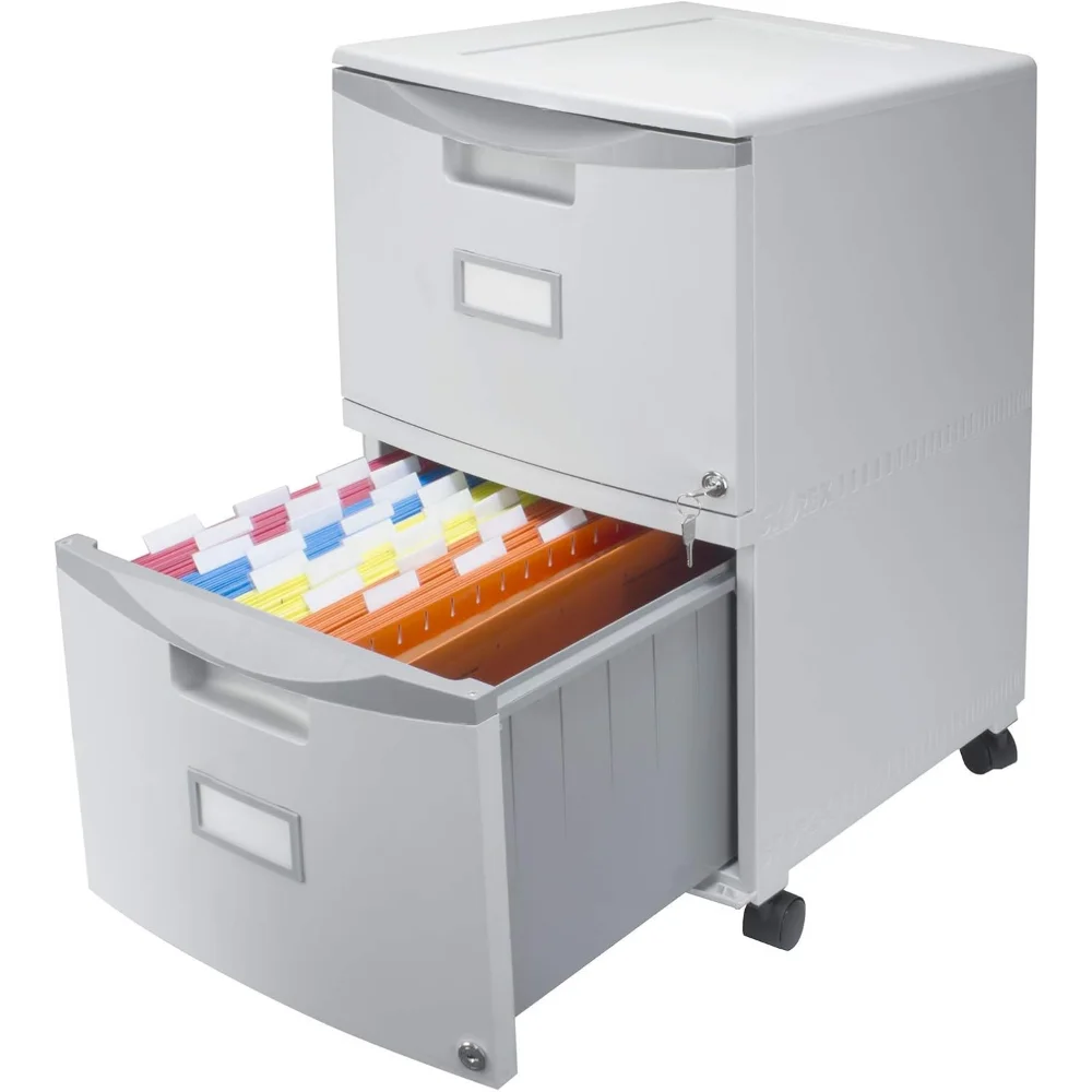 

Plastic Two-Drawer File Cabinet – Locking Document Organizer with Casters for Home and Office, Gray