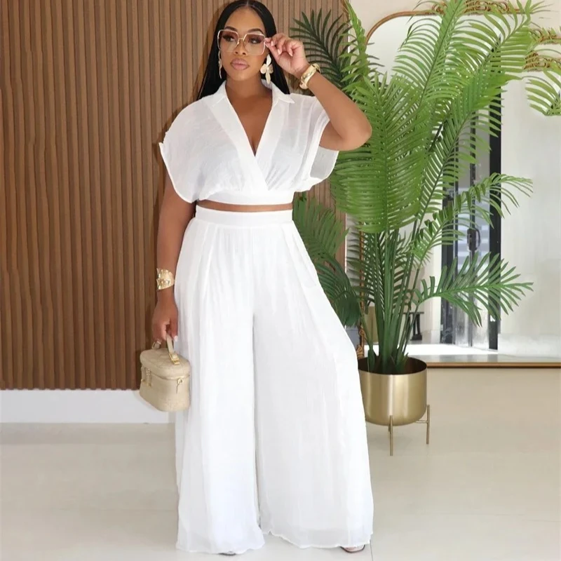 Conjunto informal holgado liso de 2 piezas para mujer, ropa de verano, Top corto de vacaciones y pantalones de pierna ancha, conjuntos a juego para correr para mujer