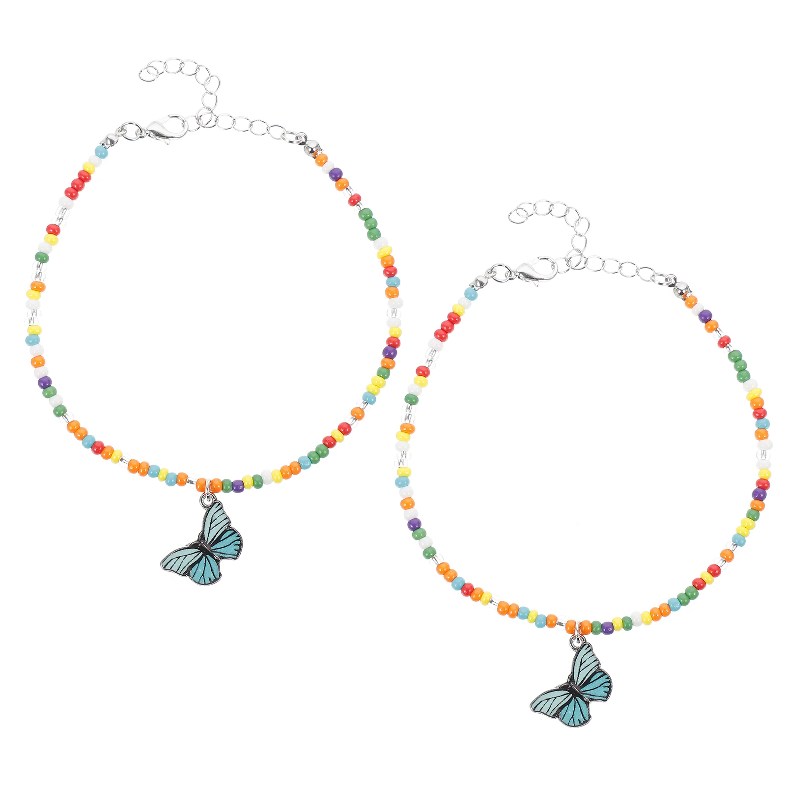 

2pcs Colorful Beaded Anklets Women Foot Jewelry Adjustable Alloy Charm Beach Party Wedding Holiday Street Fashion Accessories