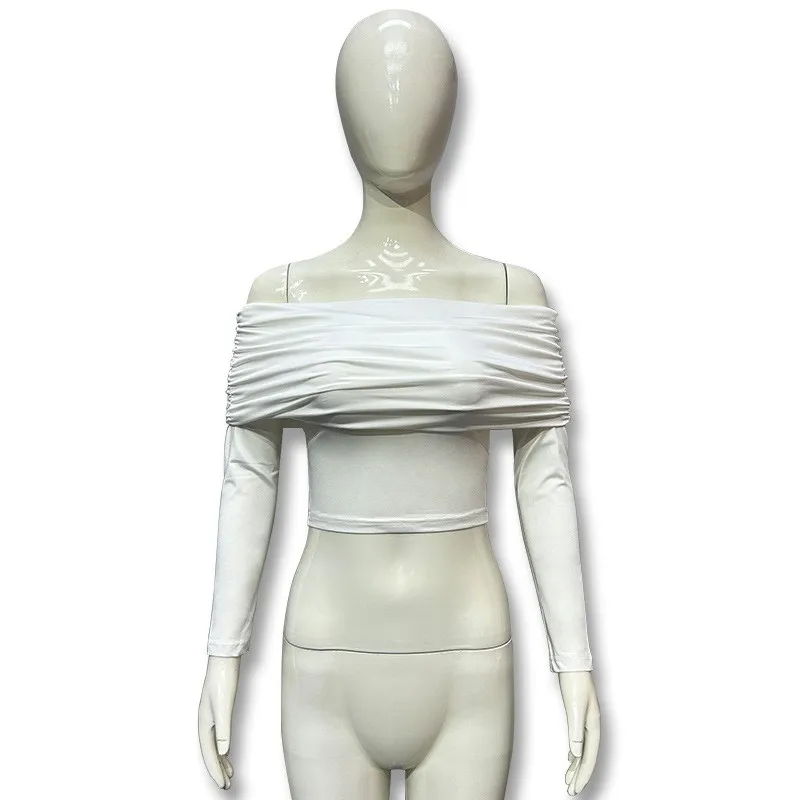 Women Crop Top Off Shoulder White Body Femmes Long Sleeve Black Ruched Front Slim Fit Belly Top Solid Color Short Top