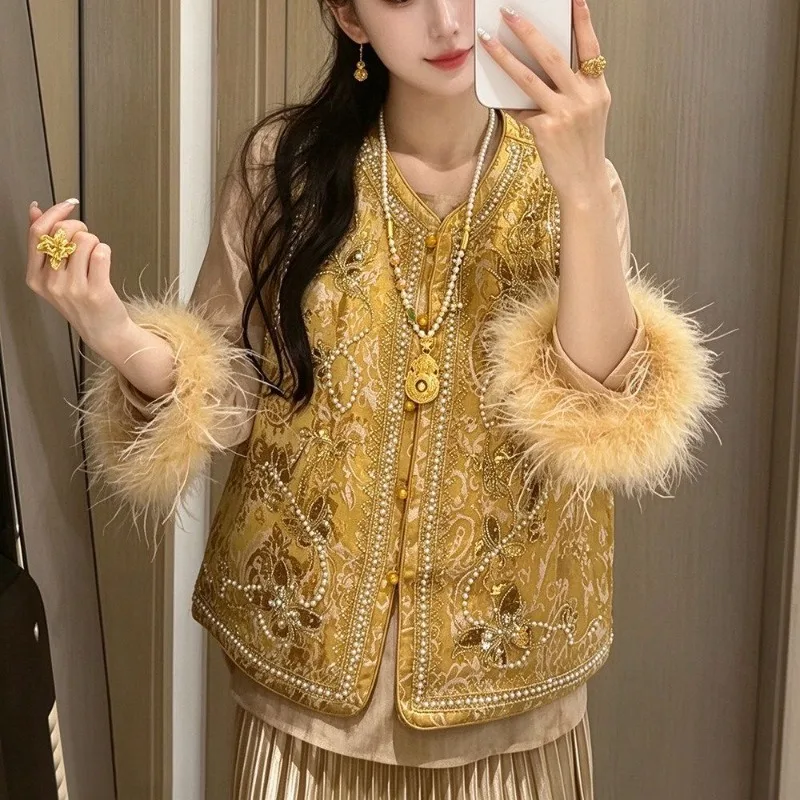 Spring and Autumn Beaded Embroidery Round-neck Waistcoat Set for Women. New Chinese-style Long-sleeved Base Shirt Two-piece Set.