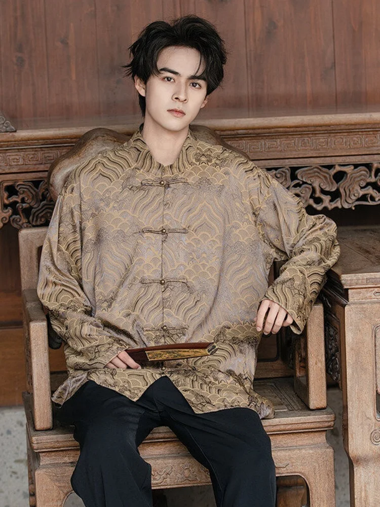 

New Chinese Style Men's Shirt Spring Autumn Long Sleeve Embroidered Button up Hanfu Tang Costume High End Feeling Casual Shirt