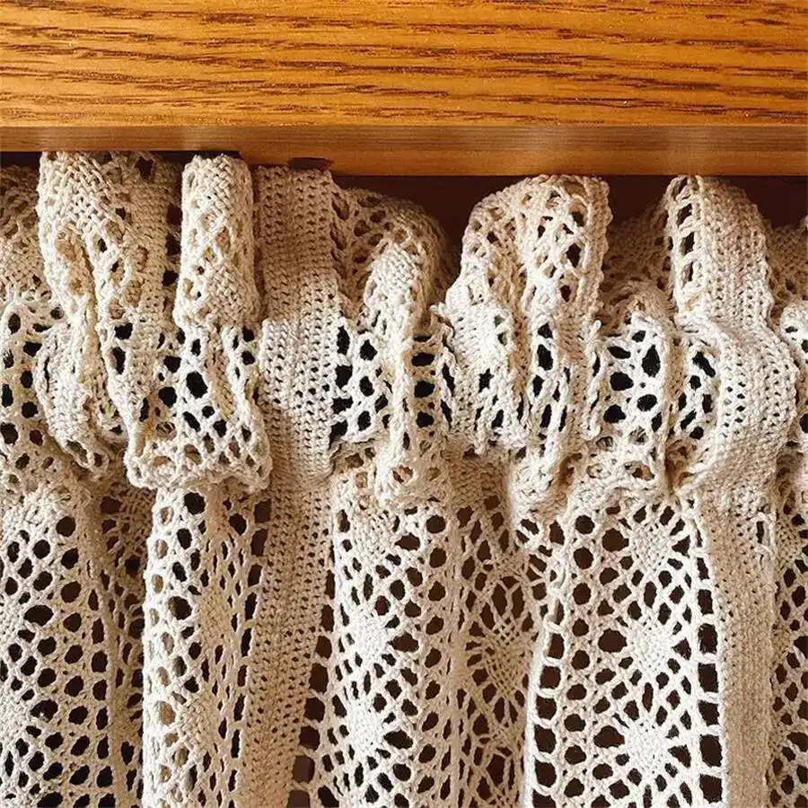 لستائر قصيرة خزانة المطبخ المرحاض الكروشيه البيج محبوك الدانتيل طبقات ثقب جوفاء الأزهار الباب مقهى الديكور نصف نافذة #3