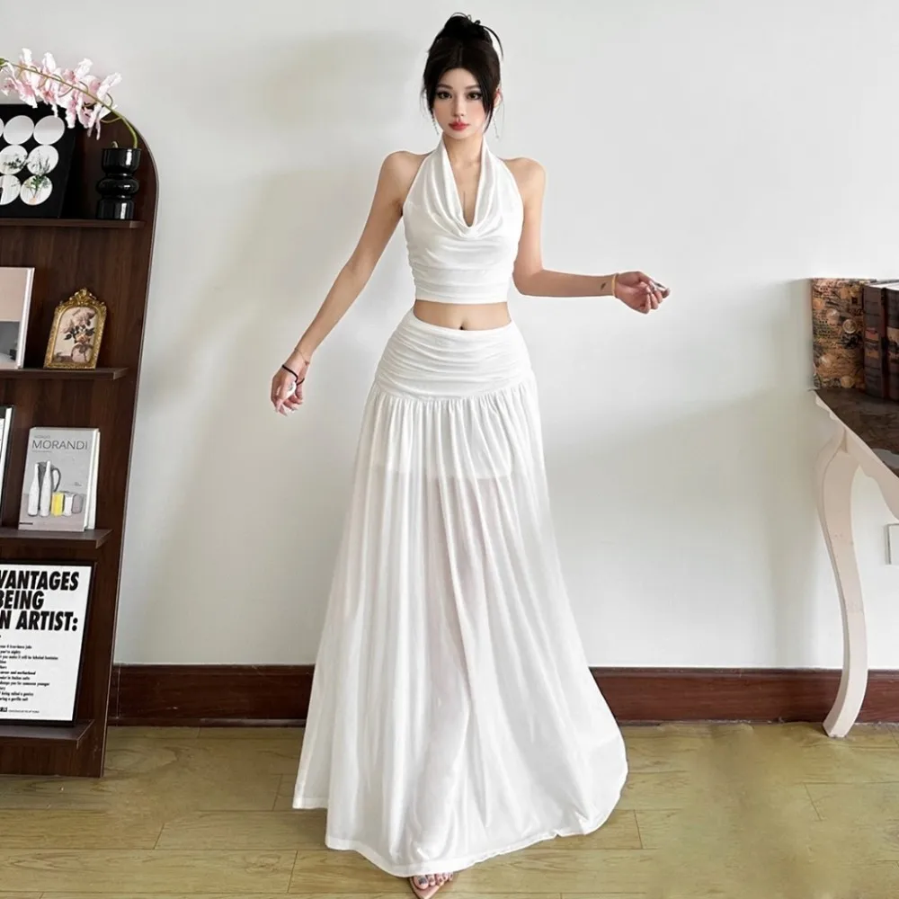 SylCue Ruched Elegant 2 Piece Set Women Halter Swing Collar Backless Crop Tops+High Waist Patchwork Skirts Vacation Style Suits