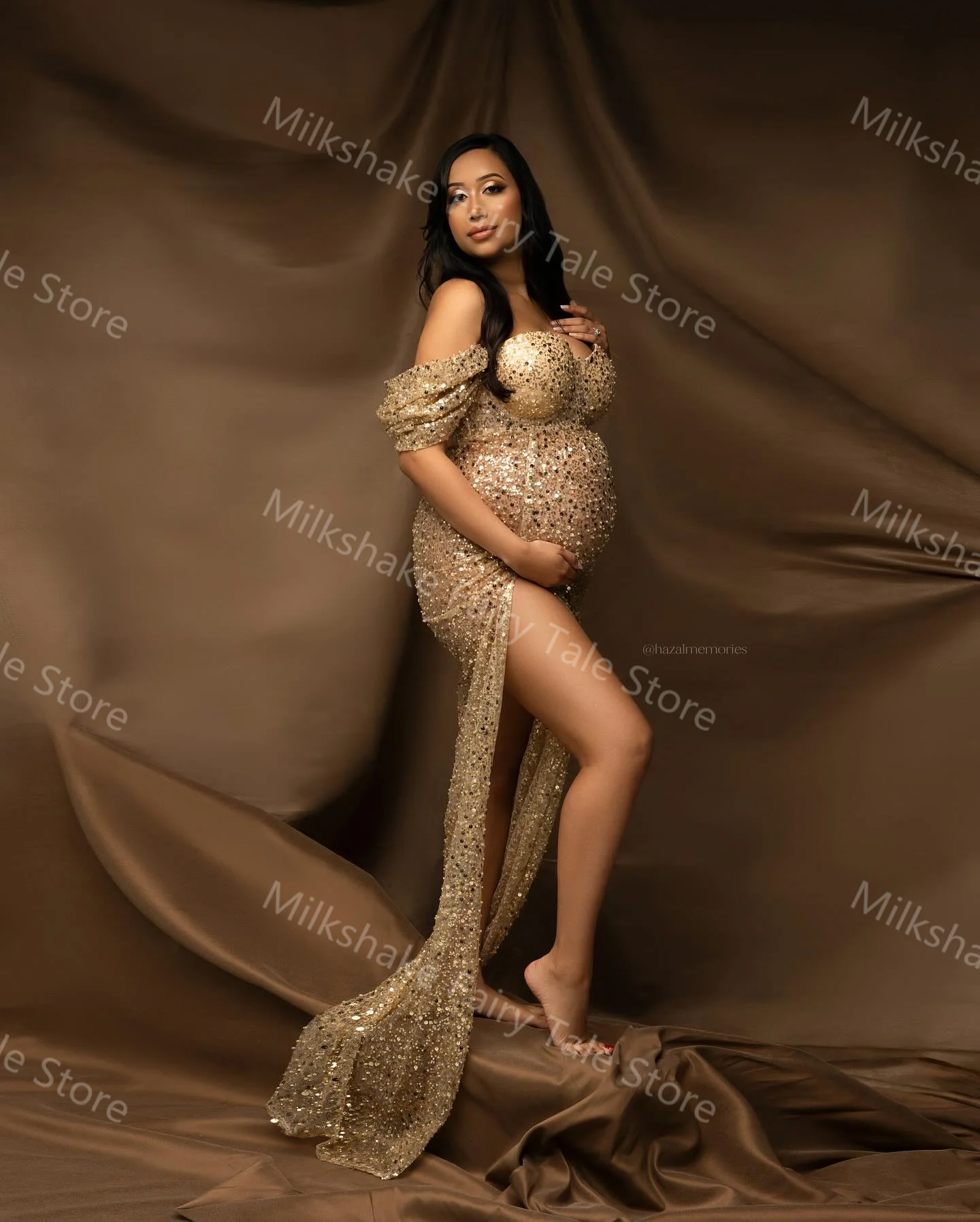 Sexy Gold Sequins Maternity Robes Off Shoulder Glitter Photography Pregnant Women Dresses Customized Side Split Babyshower Gowns