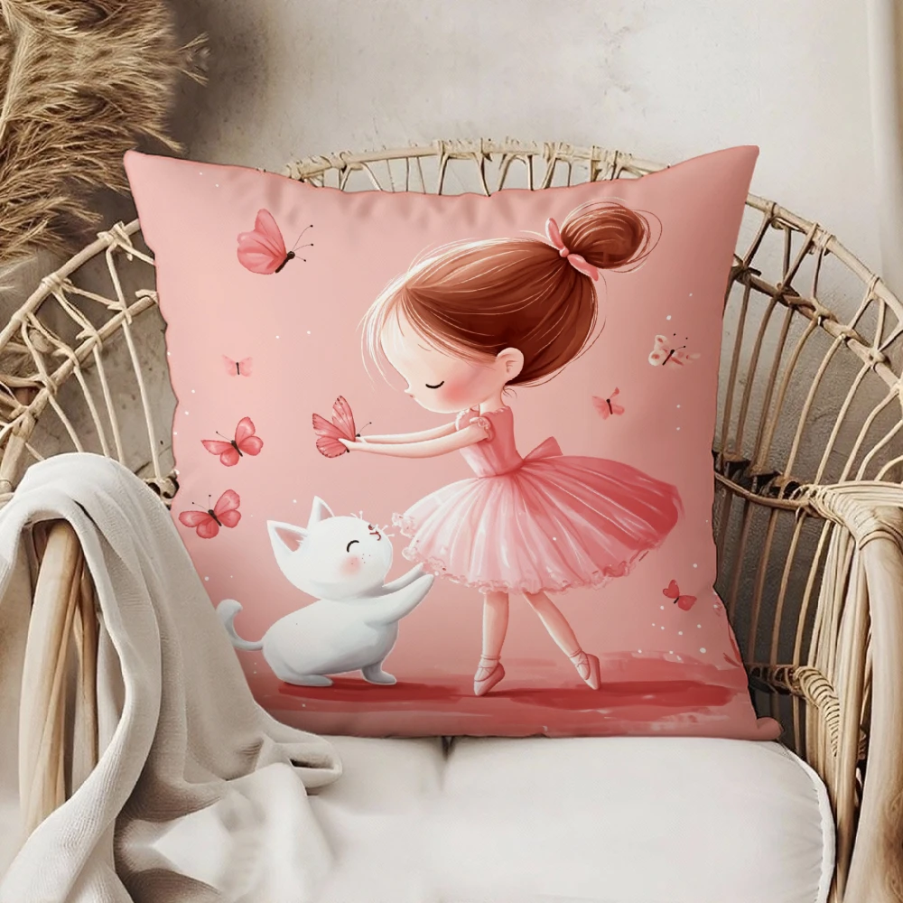 Square Throw Pillow Case Pink Cute Ballerina Girl And White Cat Butterfly Print For Bedroom Living Room Sofa Home Decor