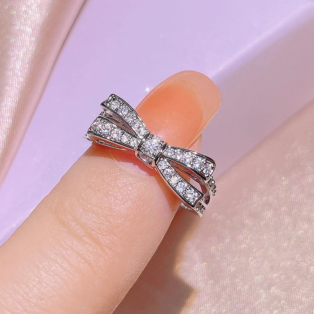 Trendy Women's Bowknot Simplicity Ring High-grade Crystal Wedding Bride Princess Engagement Ring 925 Sterling Silver Jewelry