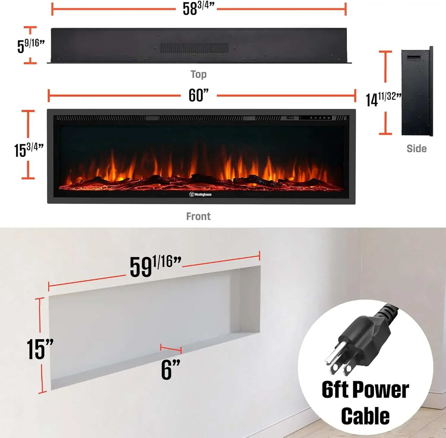 60 Inch Electric Fireplace Heater, Compatible with Alexa & Google Home, Wall Mount or in-Wall Recessed Fireplace Insert, 24