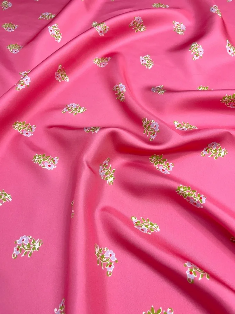 Custom Rose Pink Flower Print Silk Twill Mulberry Silk Suit Shirt Dress Fabric Fashion High Quality Making Clothes Materials