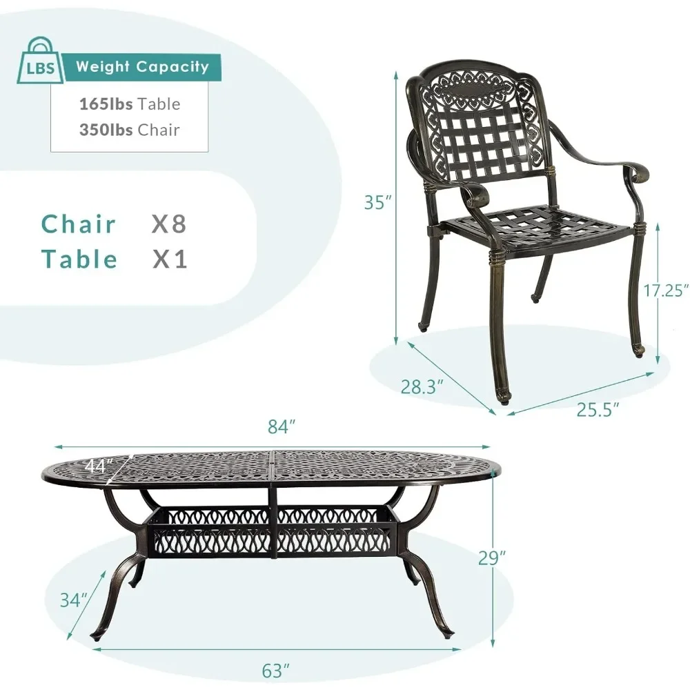 Conjunto de jantar de móveis ao ar livre de 9 peças, com 8 cadeiras, 1 mesa oval, furo para guarda-chuva de 2 ", conjunto de jardim de pátio de alumínio fundido para todos os climas