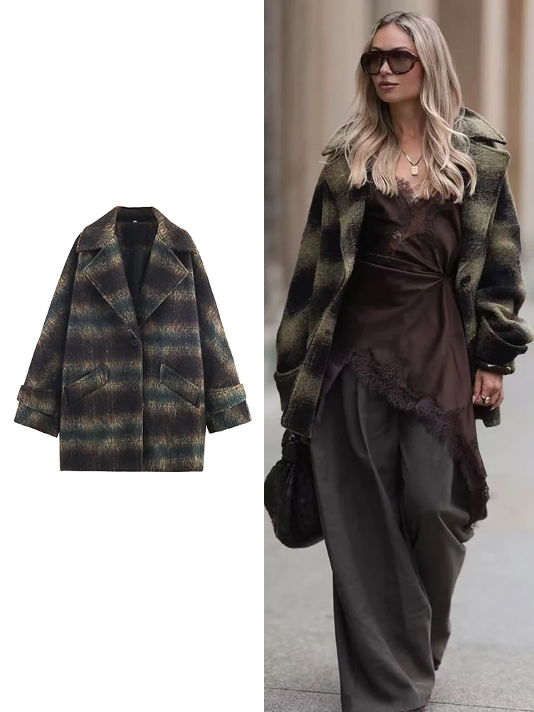 

Новое женское шерстяное пальто 2022, осень/зима, клетчатое пальто с лацканами, свободное шерстяное пальто с длинными рукавами, элегантная женская теплая куртка для поездок на работу