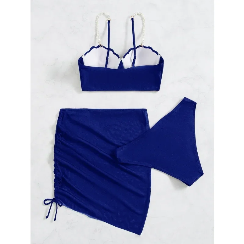 

Women Swimwear Three-pieces Bikini Set Solid Split Sexy Push Up Bikini Drawstring Mesh Cover Up Female Swimming Summer Beachwear