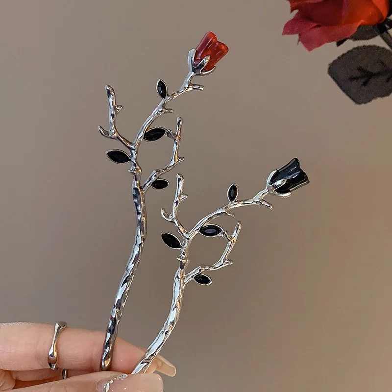 vintage rose hair sticks chinese simple black red rose flower hair chopstick hairpins disk sticks hairclips women jewelry