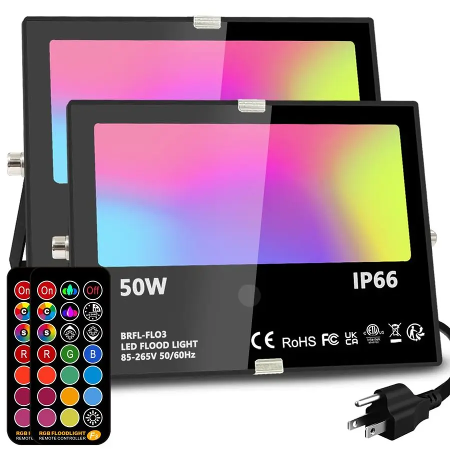 

Светодиодный прожектор для улицы, 50 Вт, RGB, изменение цвета, ландшафтное освещение с пультом ДУ, 12 цветов, 4 режима, IP66, водонепроницаемый, US 3P