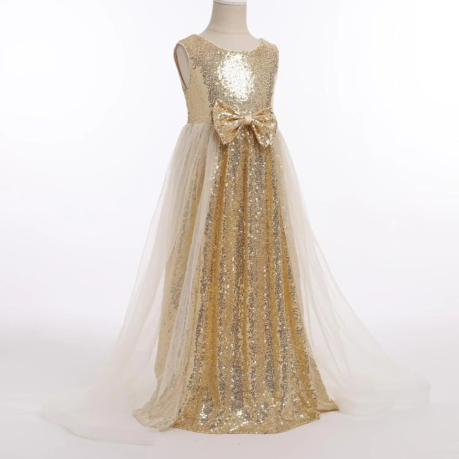 Bloemenmeisjes paillettenjurk mouwloos glitters prinses tule lange maxi-jurk optocht verjaardag bruiloft feestjurk