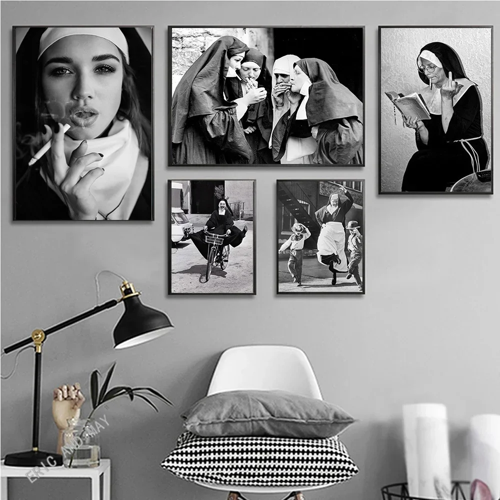 Black White Nun Smoking Vintage Canvas Funny Bad Girls Women Retro Wall Art Canvas Painting Wall Pictures for Living Room Decor