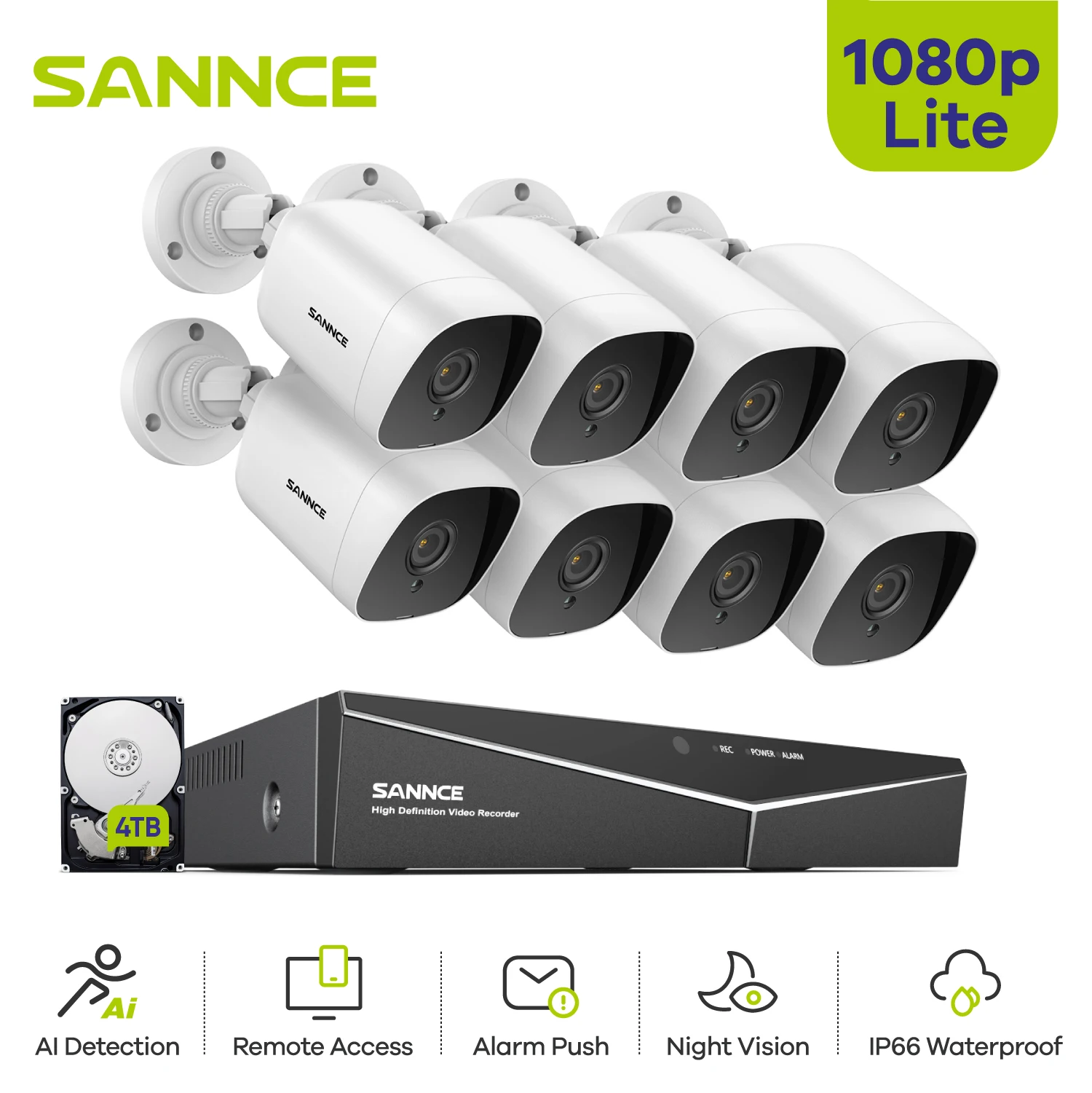 SANNCE 8CH 2MP Video Security System Surveillance Kit With 1T Hard Disk 8X1080P Outdoor Weatherproof CCTV Security Cameras