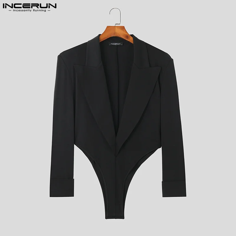 INCERUN-Bodysuits monocromáticos com lapela para homens, blazer elegante, roupas casuais, streetwear de manga comprida, S-5XL, moda 2021