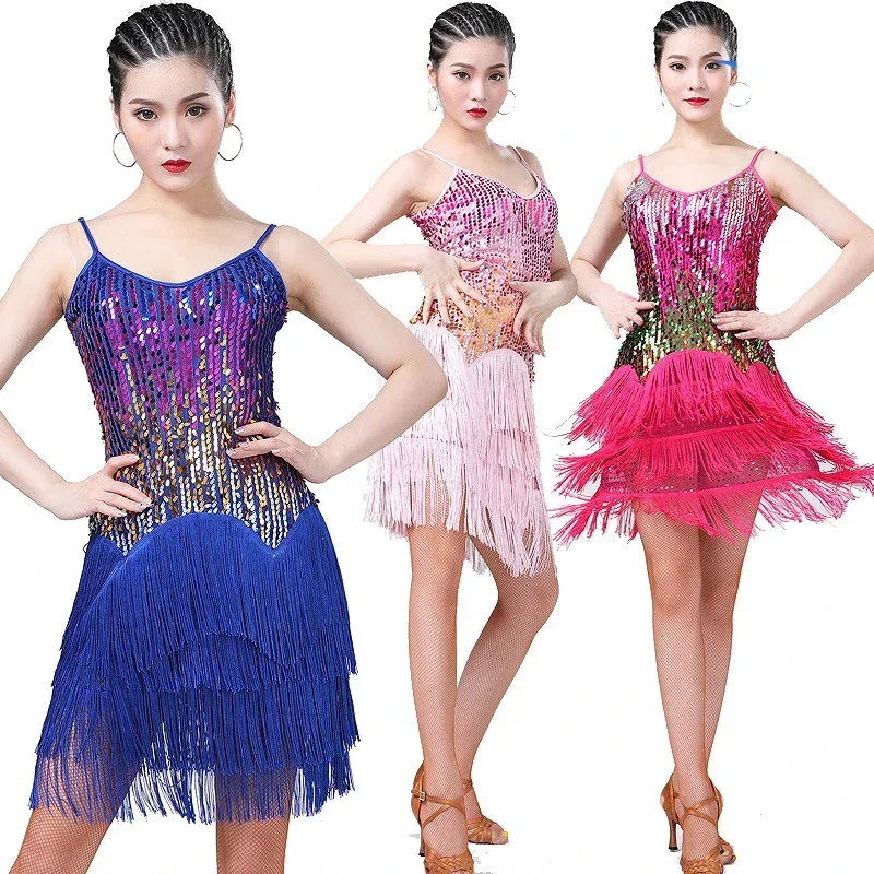 Women Shiny Dance Dress Tassel Ballroom Latin Salsa Tango Spaghetti Strap Dress Colour 7