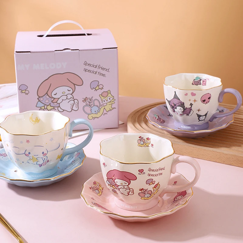 

Sanrio Retro Coffee Cup My Melody Kuromi Cinnamoroll Ceramic Mug Plate Mark Cup Nordic Afternoon Tea Tableware Kitchen Utensils