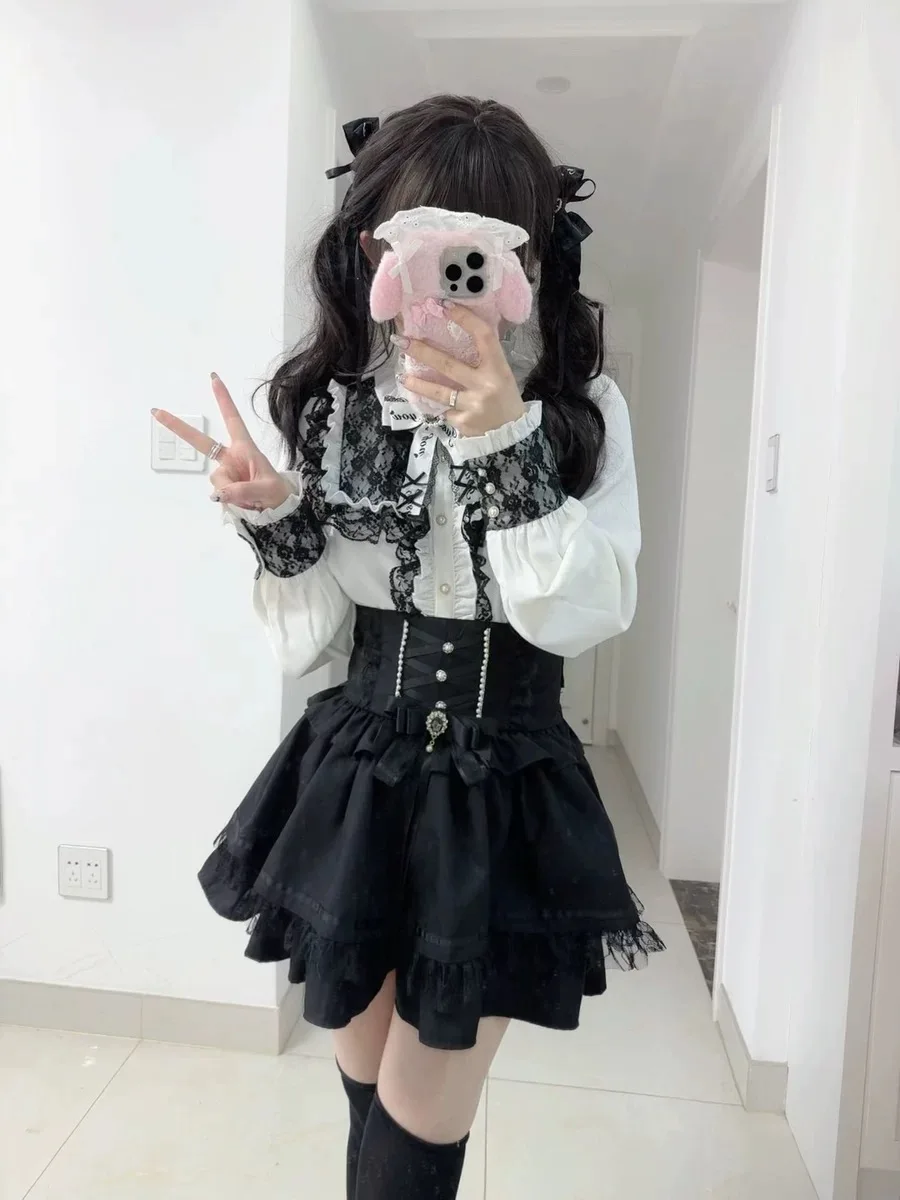 Japanese Gothic Jirai Kei Lolita Stand Neck Long-Sleeve Shirt Y2K Aesthetic Lace High Waisted Mini Skirt Subcultural Dark Set