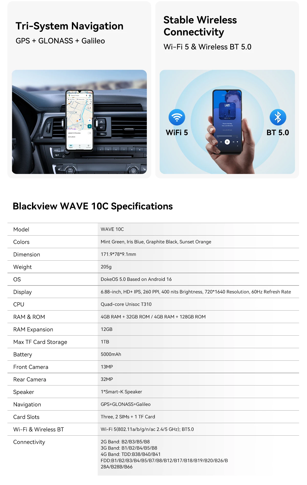 Blackview Wave 10C Smartphone, 6.88" HD+ IPS Display, 4GB RAM+32GB ROM/4GB RAM+128GB ROM, 9.1mm Thin Body 205g Lightweight, 32MP Camera Support 1080P FHD Video, 5000mAh Battery, Doke AI 2.0, Free Protective Case