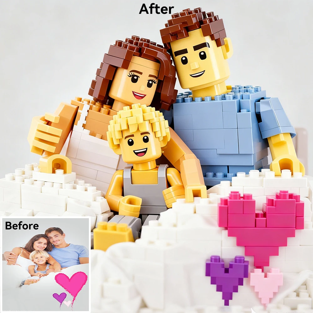 Custom Cartoon Building Block Style Portrait From Photo Personalized Cartoon Gift for Couples Family Kids Unique Wall Art Poster