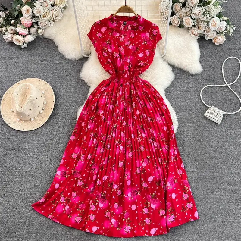 Summer Temperament Printed Sleeveless Dress Women V-Neck Waistband And Slim A-Line Pleated Dress Elegant Long Vest Vestido Z2433