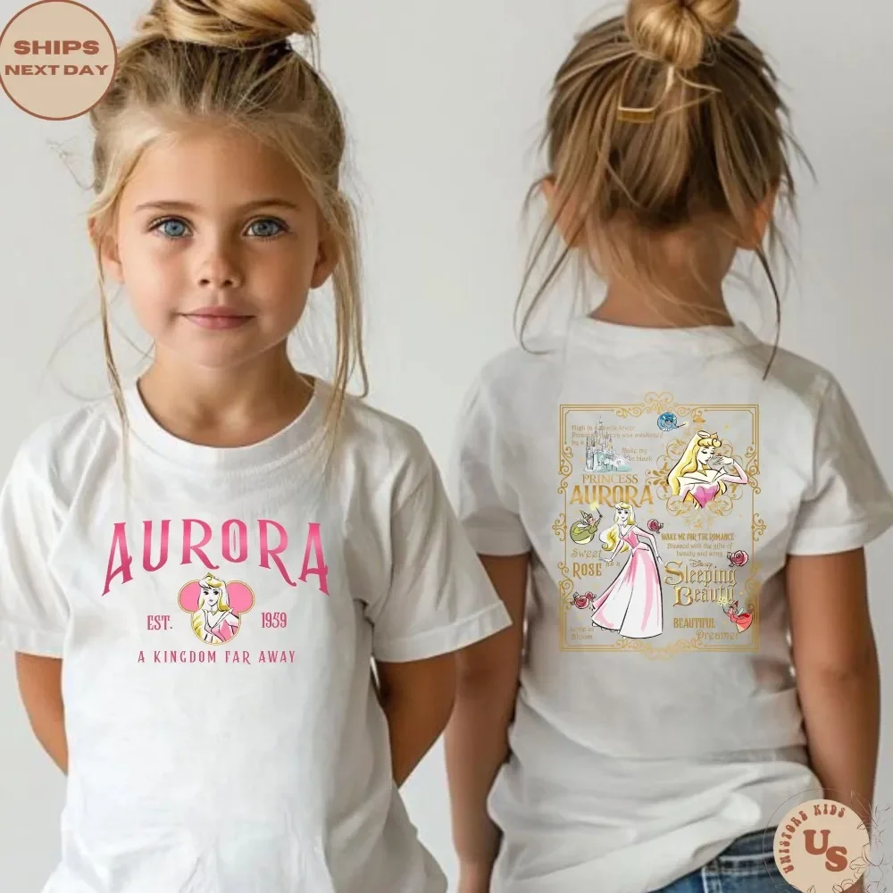 

Летняя футболка с короткими рукавами из 100% чистого хлопка с принтом «Принцесса Дисней Аврора» 2026 года для мальчиков и девочек, парные футболки для родителей и детей