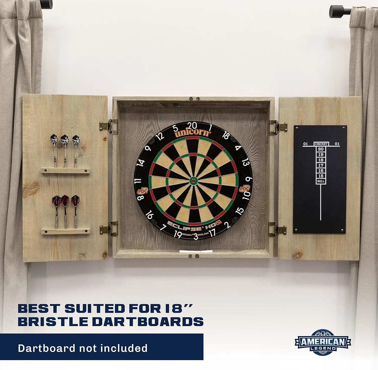 ^Barnwood Dartboard Cabinet with Wheat Finished Barn Style Doors - Dartboard Not Included