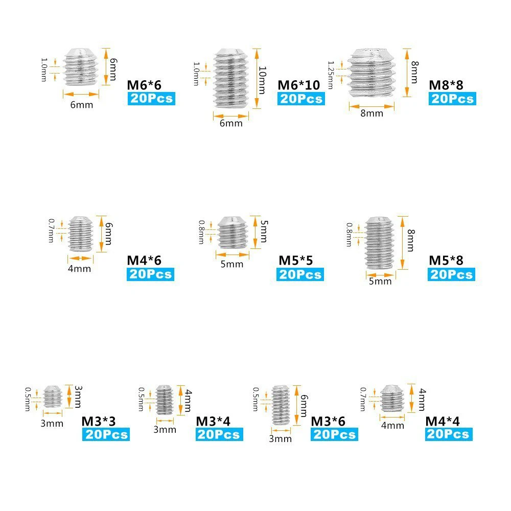 200 Rvs Inbussleutel Schroef Set Inclusief 10 Maten M3/M4/M5/M6/M8 hex Drive Cup Tip Locator Schroeven