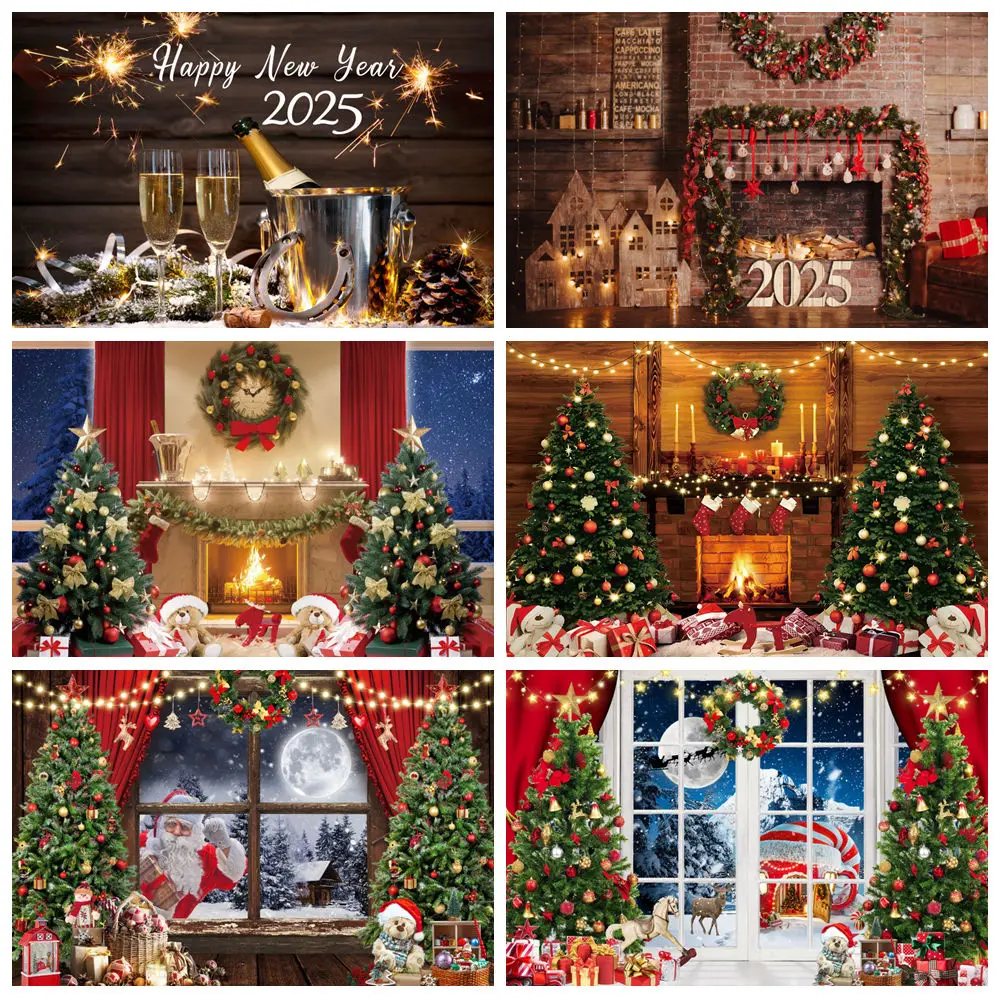 

Christmas Background Photography Fireplace Chiristmas Tree Wooden Window Santa Claus 2025 New Year Photozone Backdrop Photobooth