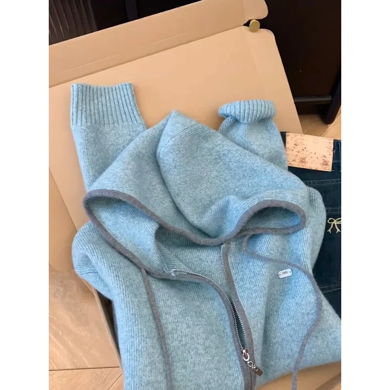 

2025 Autumn Lazy High-end Style Small Gray Blue Cardigan Hooded Sweater