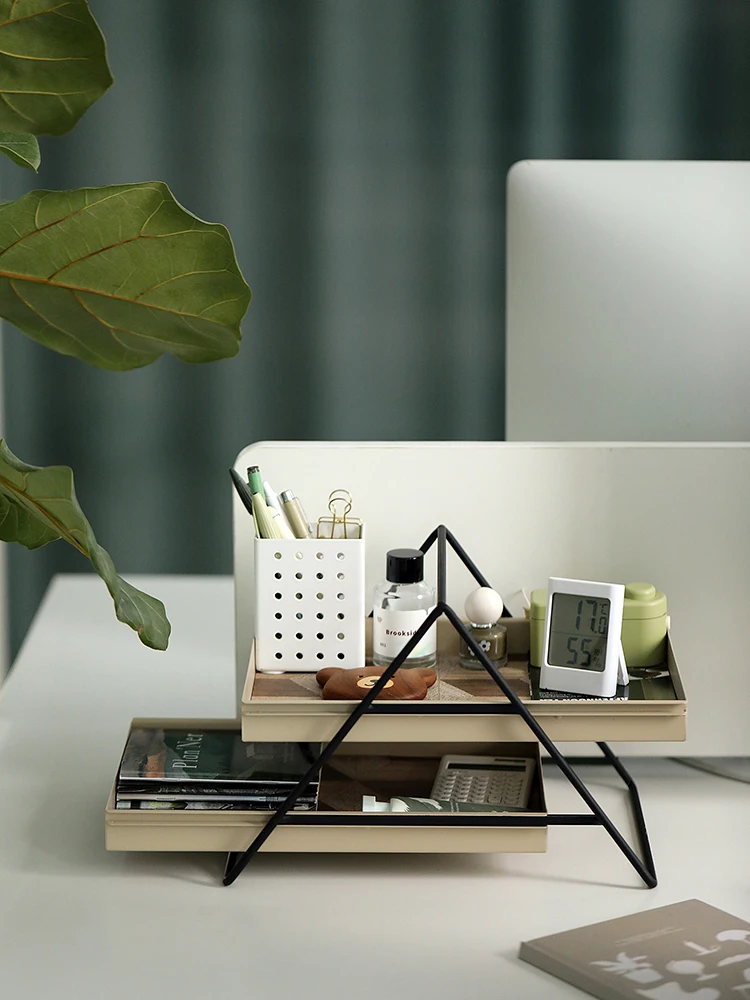 Double-Layer Iron Art Storage Box Desktop Multi-Function Drawer Miscellaneous Goods Rack Vintage Style Home Organization