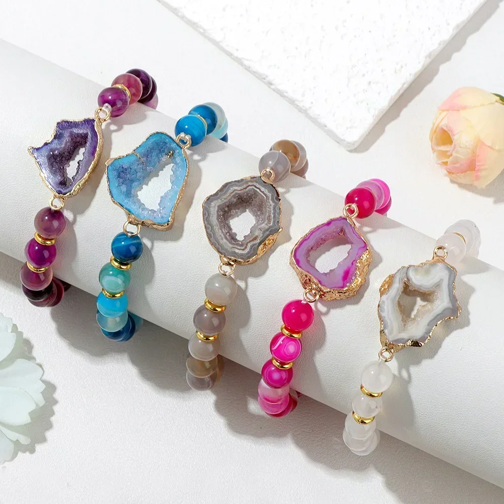 Bracelet à Breloques en Pierre de Clip Lomzy pour Homme et Femme, Géodes Creuses Irrégulières, Agates Rayées, Bijoux de Guérison Perlés
