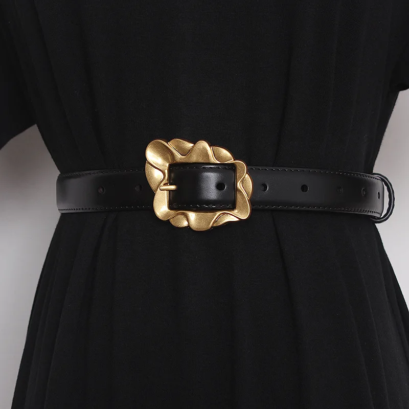 

Online Celebrity Female Art Sculpture Aesthetics Cowhide Belt Small Number Irregular Gold Plated French Leather Belt