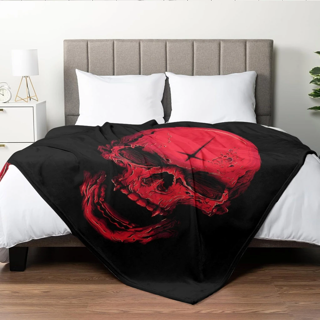 Red Vampire Skull Inverted Cross Black Base Flannel Throw Blanket Soft Warm Cover For Sofa Bedroom Gothic Dark Style Decor Gift