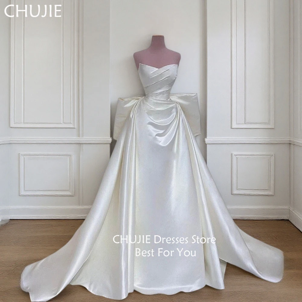 

Customized Modest white Bridal Gowns White Classic A Line Pleated Wedding Dresses Elegant Bride Dress With Bow Vestido de novia