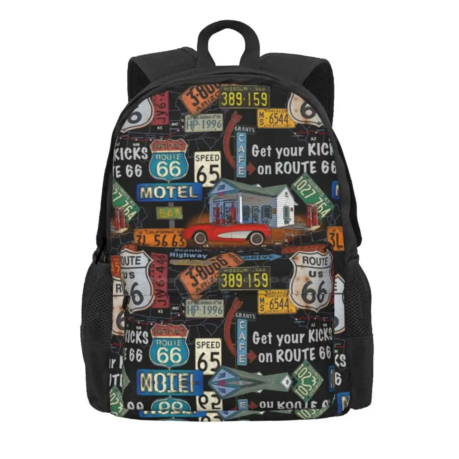 Route 66-Jp3934 Hot Sale Schoolbag Backpack Fashion Bags Route 66 Jean Plout Car Automobile Road Sign Gas Station Motel