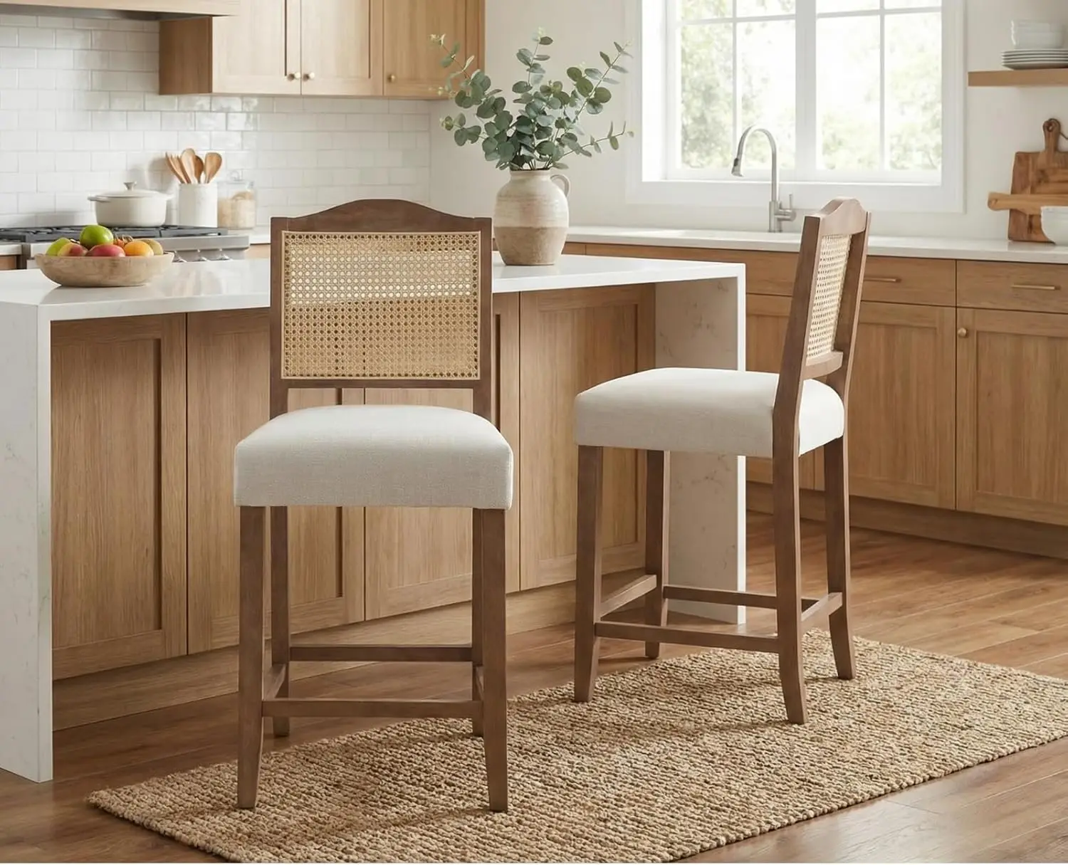 

Counter Height Bar Stools Set of 2 Rattan Farmhouse Barstools Mid Century Modern Bar Chairs Upholstered Kitchen Stools with W