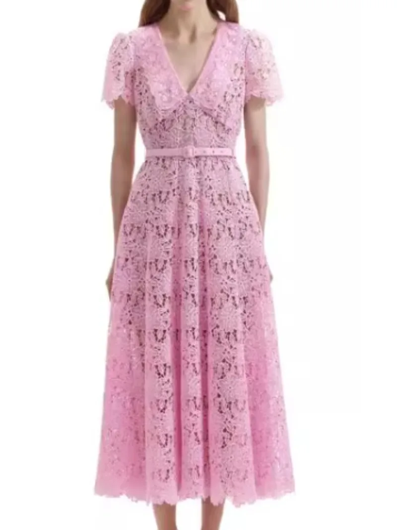 2024 Spring Lace Pink Belt Hollow Out Midi Dress