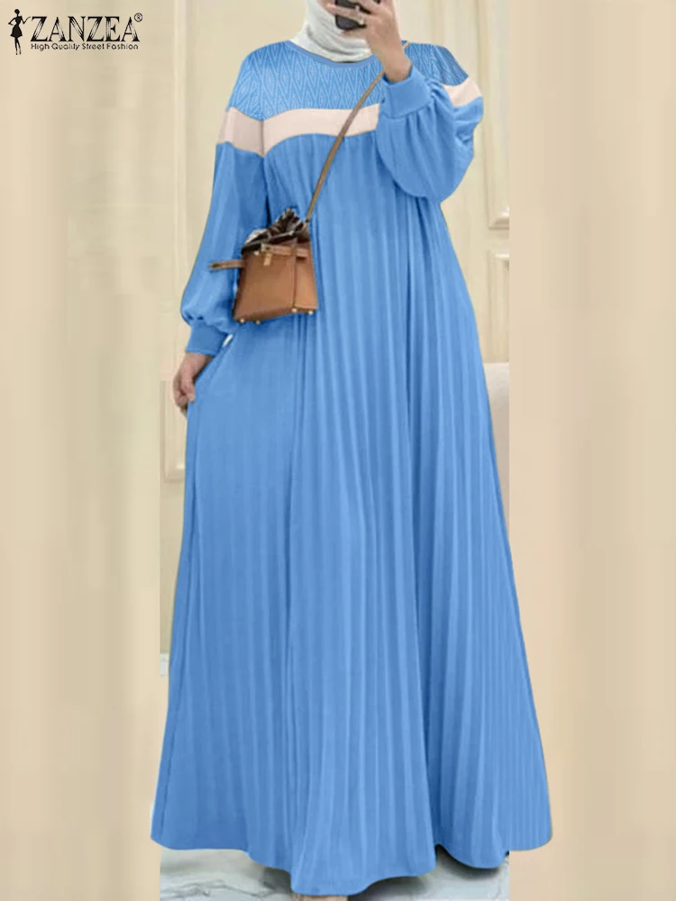 Muslim Hijab Dresses Turkey Abaya ZANZEA Autumn Long Sleeve IsIamic Robe Kaftan 2025 Women Pleated Maxi Dresses Patchwork Dress