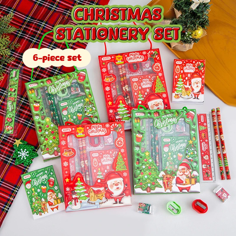 6pcs/set Stationery Set Christmas Gifts For Kids Party Supplies Pencil Eraser Note Book Xmas School Goodie Bag Carnival Favor