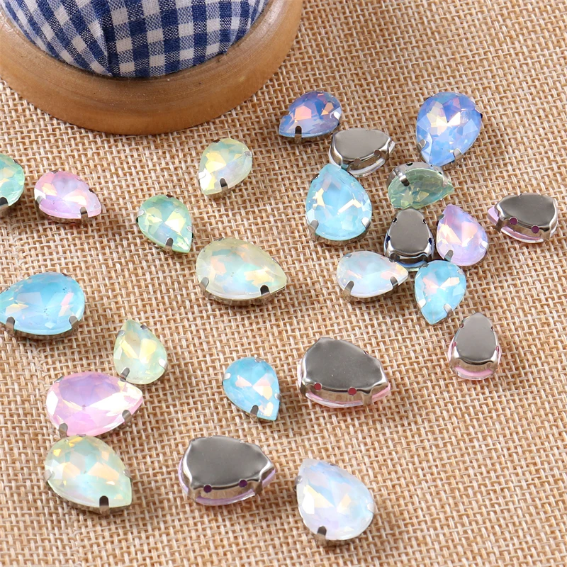 Jelly AB Teardrop Glass Sew On Rhinestones With Sliver Claw Crystals for needlework Diy Jewelry shoes fabric