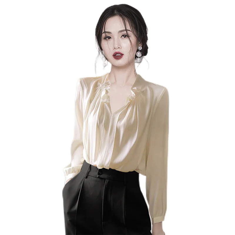 Classic Temperament Solid Color Blouse Women Long Sleeve V-neck Slim Office All-match Pullover Personality Design Lady Shirt