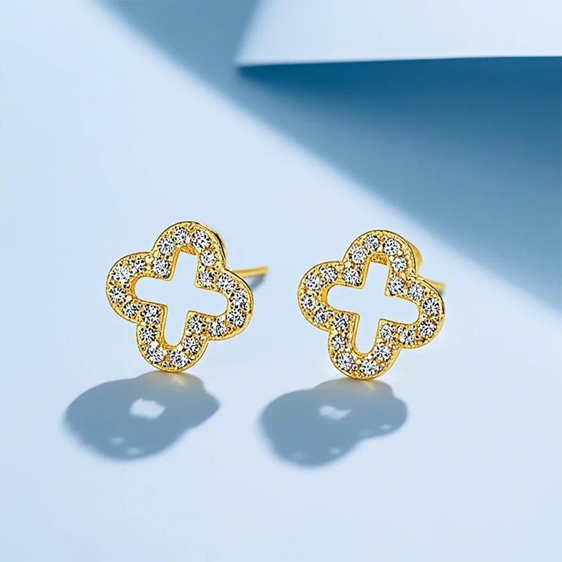 S925 Sterling Silver Zircon Leaf Hollow Stud Earrings for Women Elegant Niche Triple Flower Earrings Fine Jewelry Gift