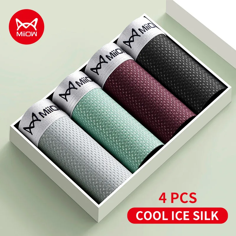 

MiiOW 4Pcs Ice Silk Men's Boxershorts Breathable Mesh Mens Underpants Boxers 7A Antibacterial Crotch Man Underwear Mens Panties