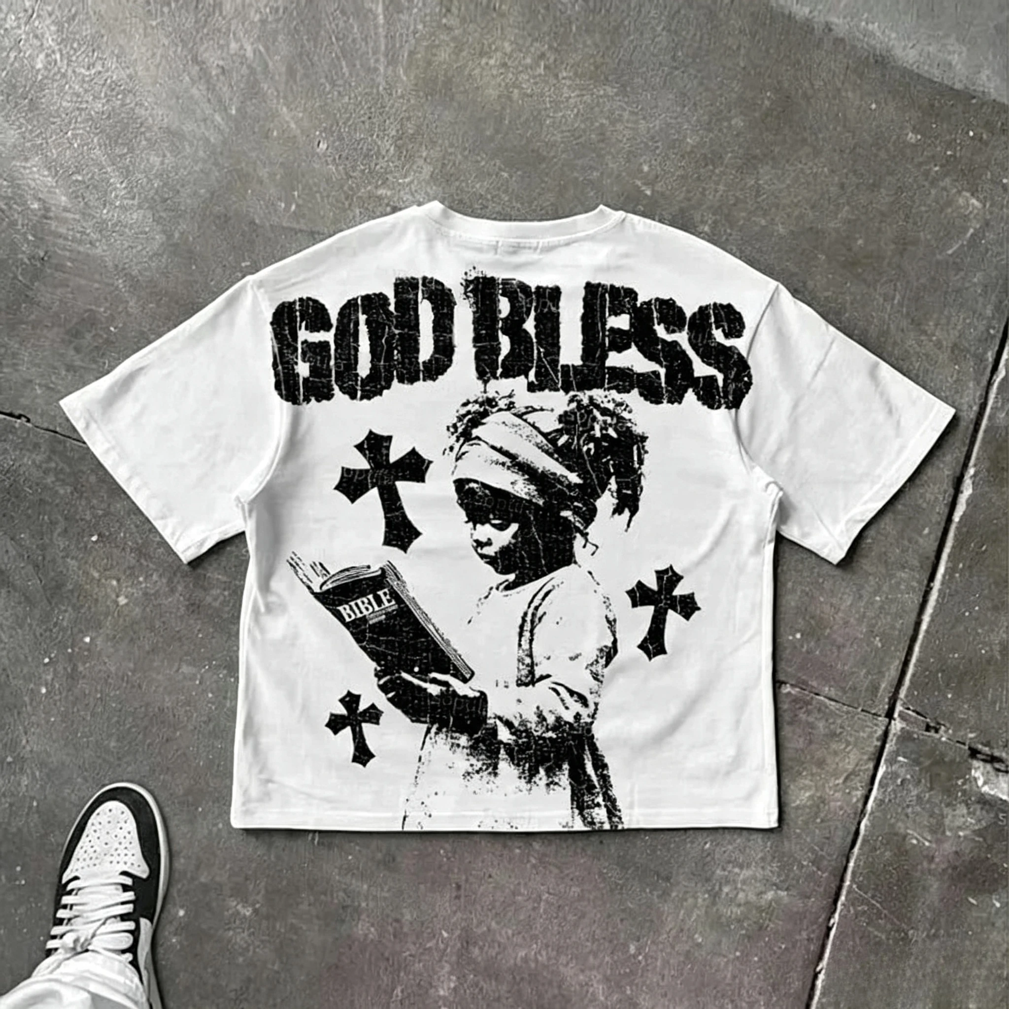 2026 Summer God Bless Children's Prayer Graphic Print Cotton T-shirt Men Women High Quality Tops Vintage Style T Shirt Outside