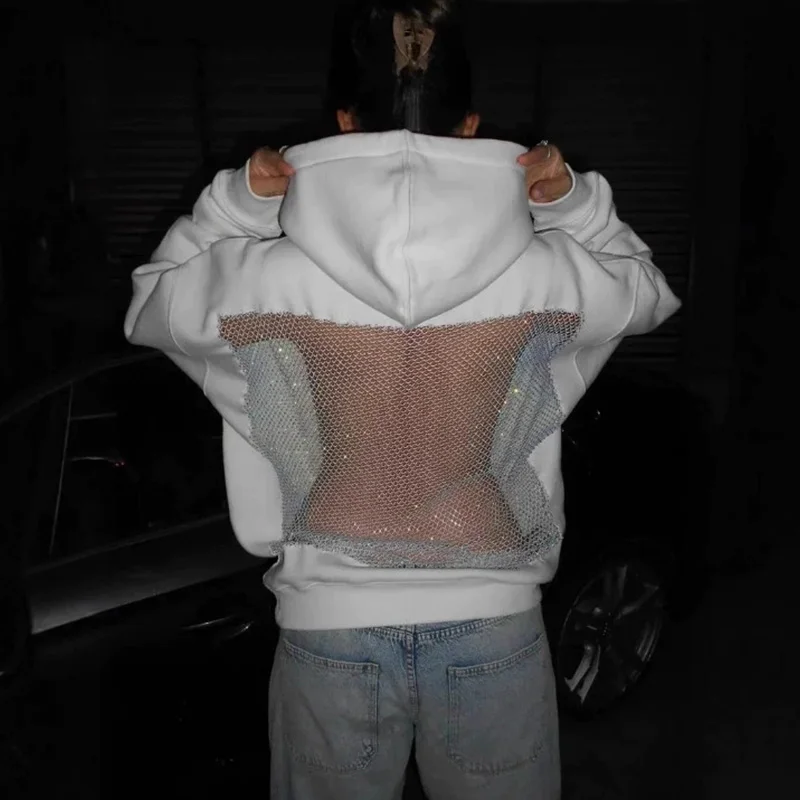 

American Gothic style sexy hollow mesh hooded sweatshirt Y2K style women's fashionable see through pullover sweatshirt casual lo