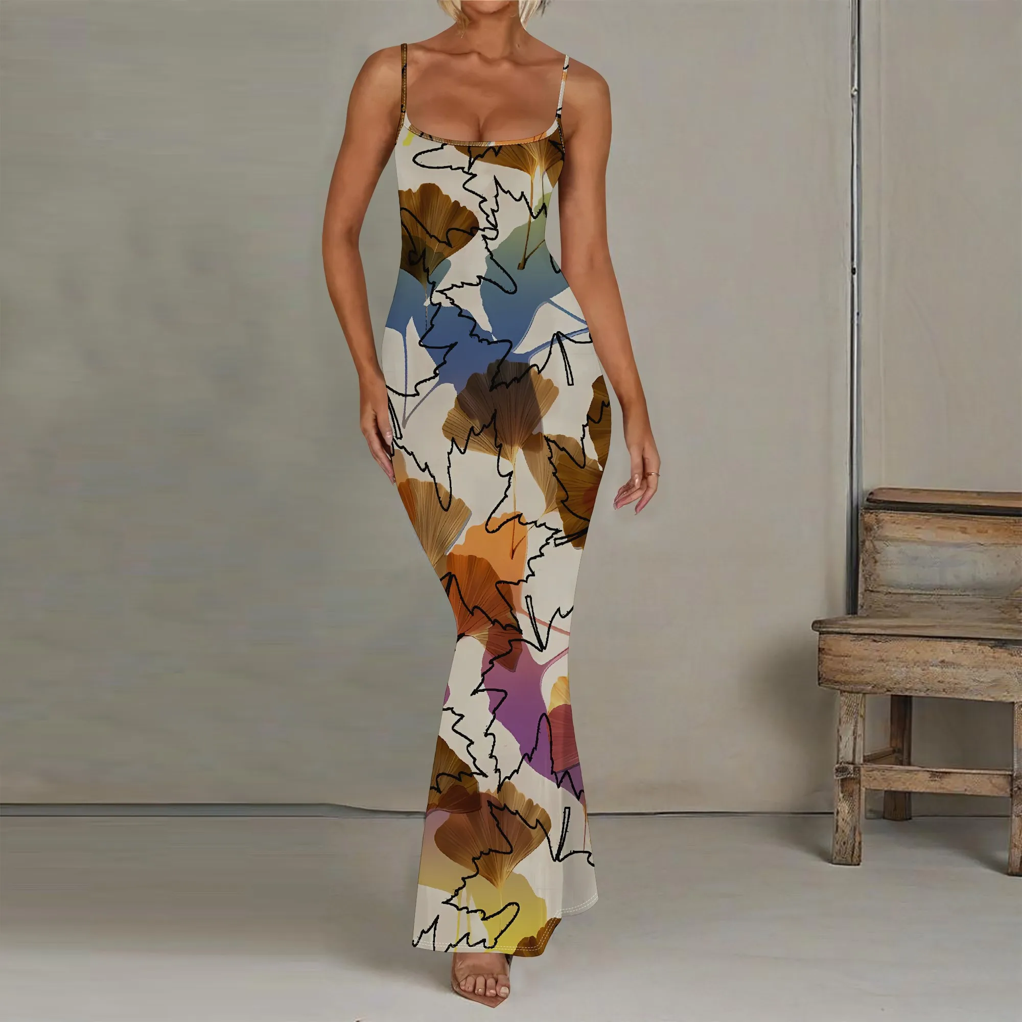 

EQQZD Sleeveless Square Neck Spaghetti Strap Dress - Standard Size, Stylish & Elegant Floral Print Maxi Dress